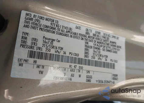 2015 Ford Focus Se z USA, uszkodzony, nr VIN 1FADP3F27FL376151